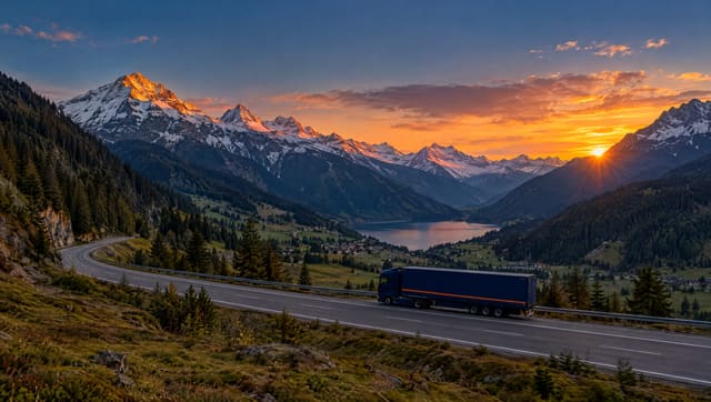 Vrachtwagen op een bergweg door een Alpendal bij zonsondergang